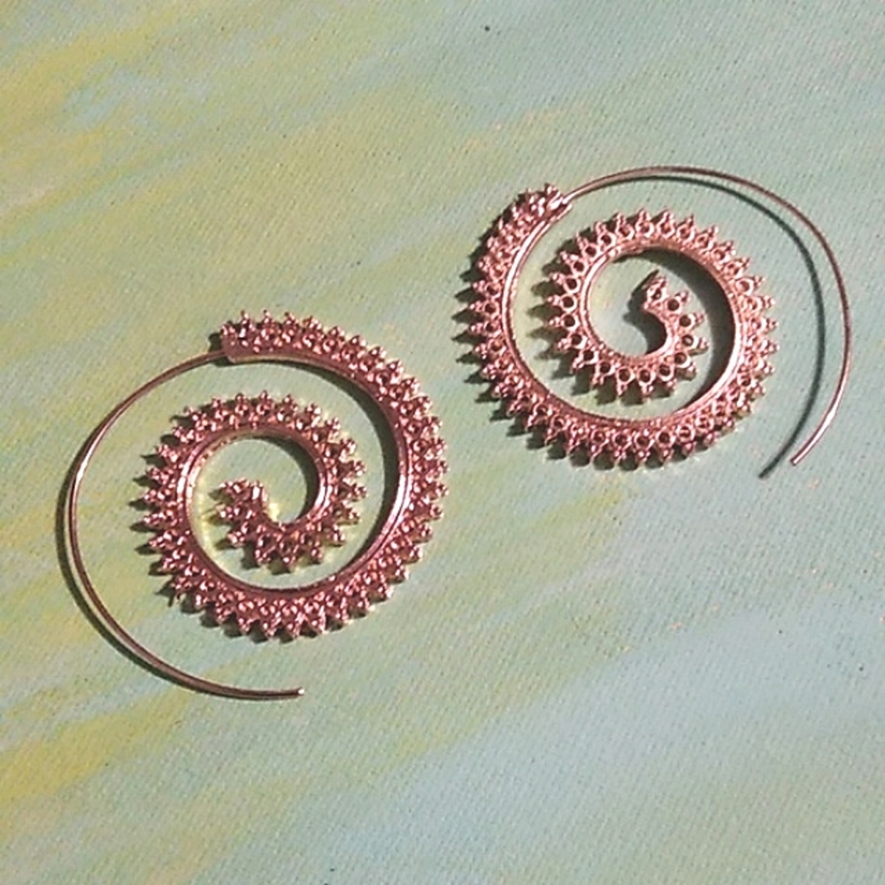 Gold Spiral Filigree Hoop Earrings Intricate Lace Swirl Hoops India Boho Chic
